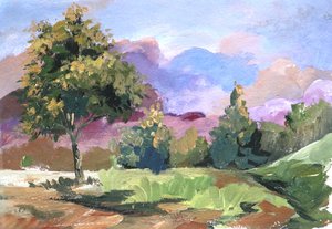Árvore num céu de nuvens em tons pastel