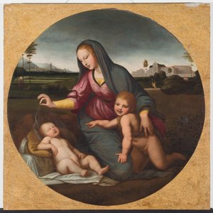 Madonna and Child with the Young St. John, c.1500 (óleo sobre madeira) de Sanzio of Urbino (follower of) Raphael