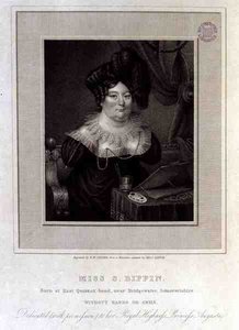 Miss S. Biffin, nascida em East Quantox-head, perto de Bridgewater, Somersetshire, Sem Mãos nem Braços, gravada por R.W. Sievier de Sarah (after) Biffin