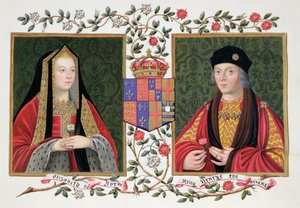 Retrato duplo de Elizabeth of York (1465-1503) e Henry VII (1457-1509) segurando a rosa branca de York e a rosa vermelha de Lancaster de &39;Memórias da Corte da Rainha Elizabeth&39;, publicadas em 182