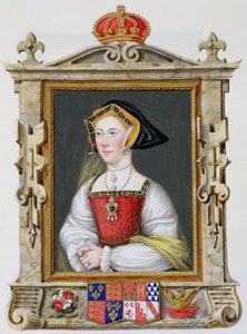 Retrato de Jane Seymour (c.1509-37) 3ª Rainha de Henrique VIII de &39;Memórias da Corte da Rainha Elizabeth&39; depois de um retrato de Hans Holbein (14978-1543), publicado em 1825 (wc e guache sobre papel)