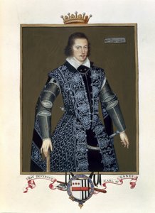 Retrato de Robert Devereux (1566-1601) 2º Conde de Essex de Memórias do Tribunal da Rainha Elizabeth depois do óleo de Sir William Segar (fl.1913-d.1633) publicado em 1825 (wc e guache sobre papel)
