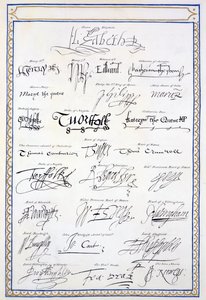 Reprodução de Assinaturas dos Tudors e seu Tribunal de &39;Memórias do Tribunal da Rainha Elizabeth&39;, publicado em 1825 (caneta e tinta no papel) de Sarah Countess of Essex