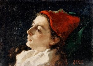 Cabeça de mulher com touca vermelha (óleo sobre tela)