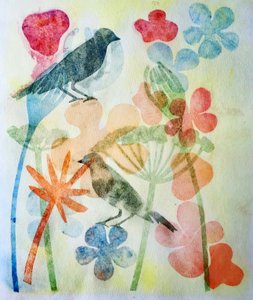 Dois pássaros e flores,2019 (Tinta monoprint) de Sarah Thompson Engels