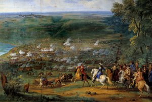 Guerra dos Trinta Anos: "Vista da Batalha de Rocroy (Rocroi) em 19/05/1643 contra as tropas francesas do Duque de Enghien e as tropas espanholas de Francisco de Melo" Detalhe, Pintura de Sauveur Le Conte (Leconte, Le Comte, Lecomte) (1659-1694)