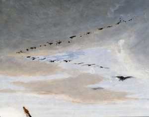 Aves em formação V, detalhe de O Triunfo de Marius, pintura de Francesco Saverio Altamura (1822-1897), óleo sobre tela, 234x352 cm, Itália