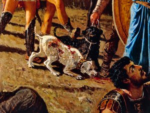 Cães no campo de batalha, detalhe de The Triumph of Marius, pintura de Francesco Saverio Altamura (1822-1897), óleo sobre tela, 234x352 cm, Itália