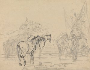 Desenho animado para "Gulliver Taking Leave of the Land of Houyhnhms" de Sawrey Gilpin