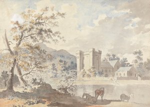 Castelo abaixo das montanhas com cavalos junto a um rio de Sawrey Gilpin