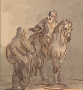 Duas pessoas: Uma de Pé, Uma Sentada a Cavalo