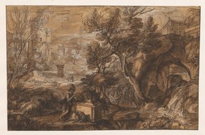 Paisagem com um pastor em um antigo sarcófago de Sébastien Bourdon (attributed to)