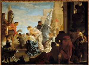 O encontro entre Antoine e Cleopatre A Rainha do Egipto Cleopatre (79-30 a.C.) encontra o seu futuro amante Marc Antoine (83-30 a.C.) provavelmente em Roma. Pintura de Sebastien Bourdon (1616-1671) Sol do século XVII. 1,45x1,97 m de Sébastien Bourdon