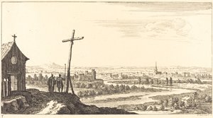 Paisagem com igreja e cidade à distância