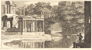 Paisagem com ruínas do templo e lagoa