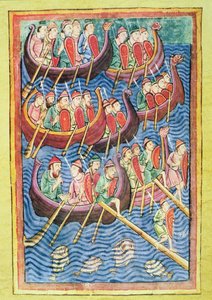 Vikings desembarcando em Inglaterra durante a segunda vaga de migração (vellum) de Scandinavian School