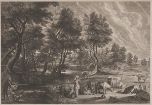 Paisagem de fazenda com caçadores e leiteiras de Schelte Adams Bolswert, after Sir Peter Paul Rubens