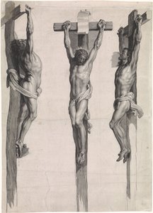 Cristo na cruz entre os dois criminosos crucificados