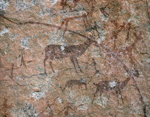 ARTE AFRICANA: Pintura rupestre em Ngomo Carera, na cordilheira de Domboshawa, 20 milhas a norte do mar... (fresco) de School African