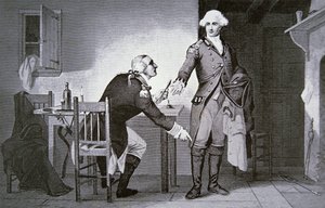 Traidor americano: O General Benedict Arnold a instruir André a esconder papéis na sua bota (litho)