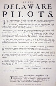 Facsmile da proclamação dos patriotas de Filadélfia aos pilotos de Delaware avisando-os para não lidarem com o navio de chá britânico, 7 de Dezembro de 1773 (litho) de School American