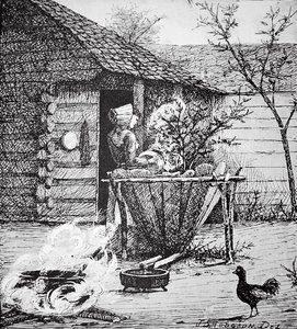 Cena da fazenda - uma mulher numa cuba de lavagem, depois de uma ilustração de J. S. Hodgson (litho) de School American