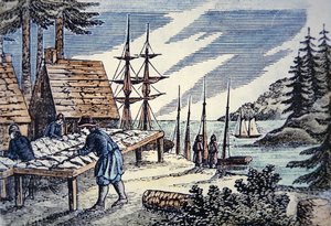 Pescadores que secam bacalhau na Nova Inglaterra, a partir de uma talha do século XVII (cor litho) de School American