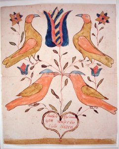 Four Birds, Tulip and Heart (aguarela sobre papel) de School American