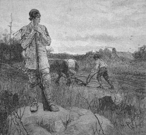 Proteger uma fazenda contra um ataque indígena, após uma ilustração de Howard Pyle (litho) de School American