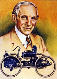 Henry Ford e o seu primeiro automóvel de 1896 (cor litho) de School American