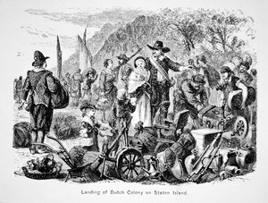 Aterragem de colonos holandeses em Staten Island, Nova Iorque (litho) de School American