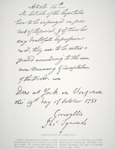 Carta de Capitulação de Yorktown, assinada por Lord Cornwallis de School American