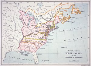 Mapa das Colónias da América do Norte na altura da Declaração de Independência (gravação a cores)