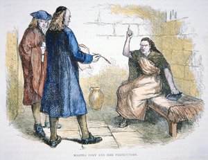 Martha Corey é acusada de bruxaria durante os julgamentos das bruxas de Salem em 1692 (cor litho)