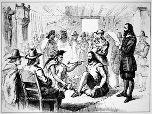 Massasoit, chefe do povo Wampanoag, estende o tubo da paz a John Carver em 1621 (litho)