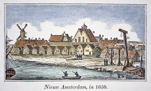 New Amsterdam (depois Nova Iorque) na ilha de Manhattan, a partir de uma vista publicada em 1659 (cor litho)