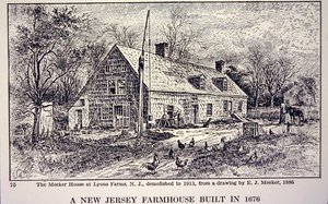 Fazenda de New Jersey construída em 1676, após um desenho de E. J. Meeker (litho) de 1886 de School American