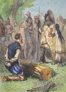 Pocahontas salva a vida de John Smith (gravura a cores)