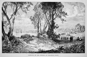 Colonos suecos desembarcam em Paradise Point no Rio Delaware em 1638 (litho) de School American