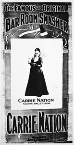 Cartaz de teatro representando Carry Nation (1846-1911) segurando o seu machado destrutivo (litho) de School American