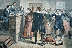 Bruxas de Salem - uma rapariga enfeitiçada num julgamento em 1692 (cor litho)