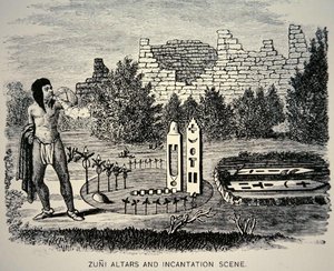 Zuni Tribesman soprando pólen sobre um santuário Pueblo (gravura) de School American