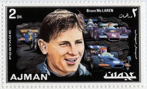 Carimbo das Unidades Árabes dos Emirados Árabes em representação do motorista Neo Zelandês Bruce Mc Laren (1937-1970) de School Arabic