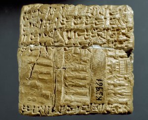 Civilização assíria: caixa gravada de caracteres cuneiformes relativa à produção de duas minas de prata. Istambul, Museu Arqueológico