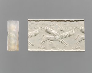 Selo cilíndrico e impressão moderna: cavalo alado com garras e chifres, séc. XIV-XIII a.C. (calcedónia)