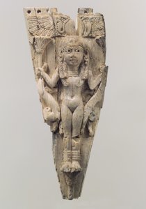 Frontal de cavalo esculpido em relevo com uma figura feminina flanqueada por leões, século 9 a 8 a.C. (marfim) de School Assyrian