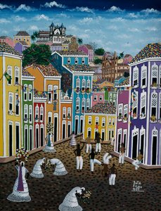 Pintura de arte ingênua retratando cena de rua, Estado da Bahia, Brasil