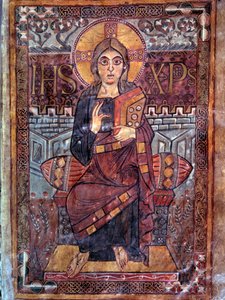 Arte Carolíngia: Cristo em majestade (em glória). Miniatura do manuscrito "Evangeliaire de Godescalc, Ecole du Palais de Charlemagne" (fólio 3) cópia por Godescalc do tresor de Saint-Sernin de Toulouse, Bibliotheque du Louvre, 781-783. BN, Paris