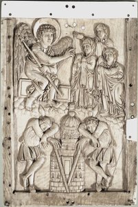 Arte carolíngia: mulheres santas no sepulcro - (Mulheres santas no sepulcro) Marfim relevo