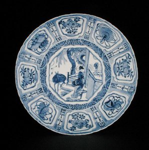 Prato de kraak azul e branco pintado com uma senhora e um veado, Wanli de School Chinese